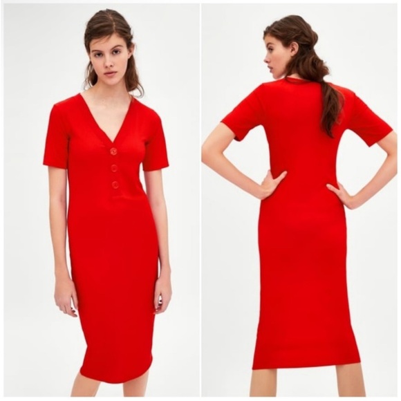ZARA Red Ribbed fitted V-Neck midi dress with faux buttons & short sleeve 🎉SALE - Picture 7 of 12